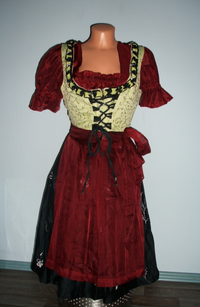 Midi Dirndl Wiesn Tracht Kleid mit Schürze und Bluse! Rot transparent Gothic 34 36 XS S
